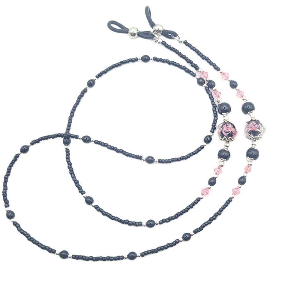Black and Pink Flowers, Beaded Eyeglass or Sunglass Chain Holder